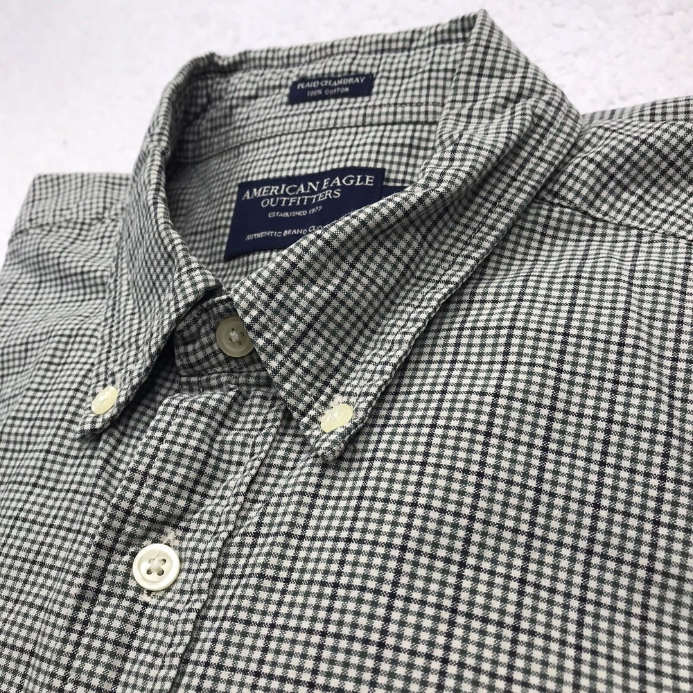 American Eagle Button Shirt Mens MEDIUM Plaid Chambray Long Sleeve Preppy Y2K